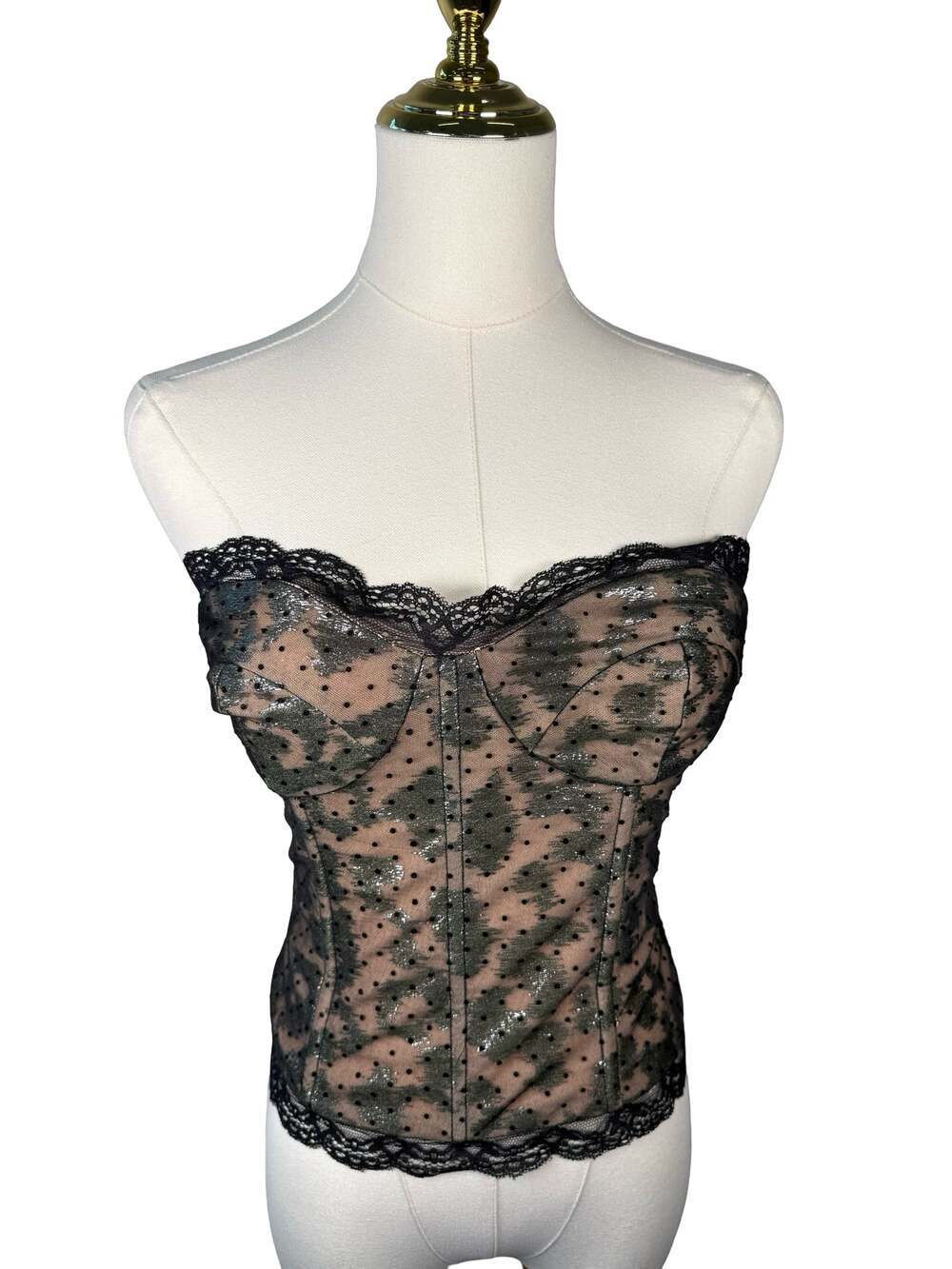 NBD Size S Strapless Corset Top Black Lace Metallic Dot - Picture 2 of 6